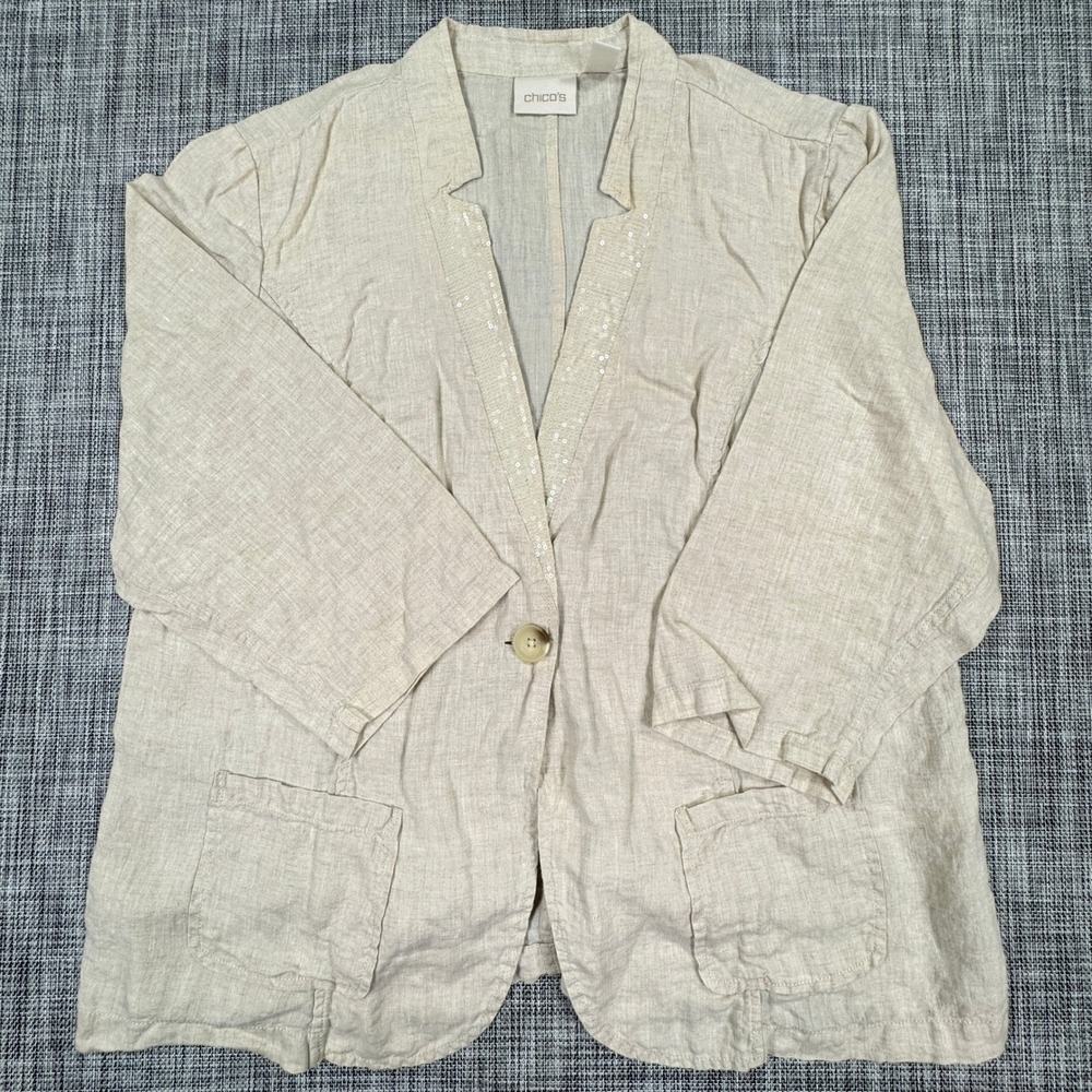 Chico's Women's Linen Blazer Size 4 XXL Beige Sequin 3/4 Sleeve One Button
